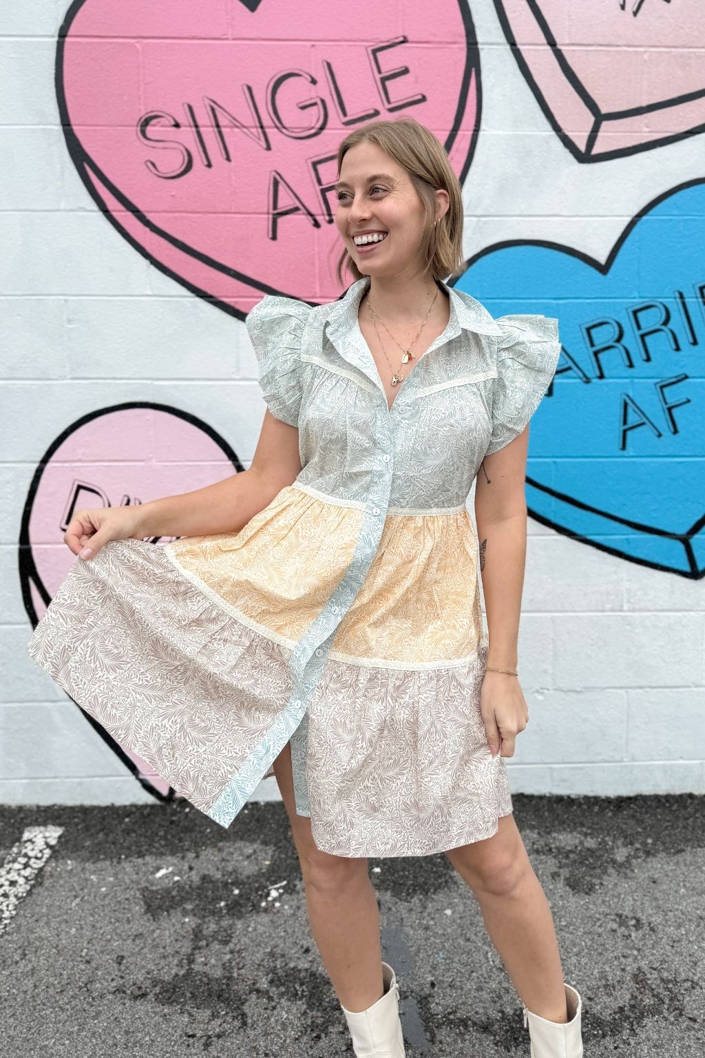Ruffle Sleeve Colorblock Print Dress