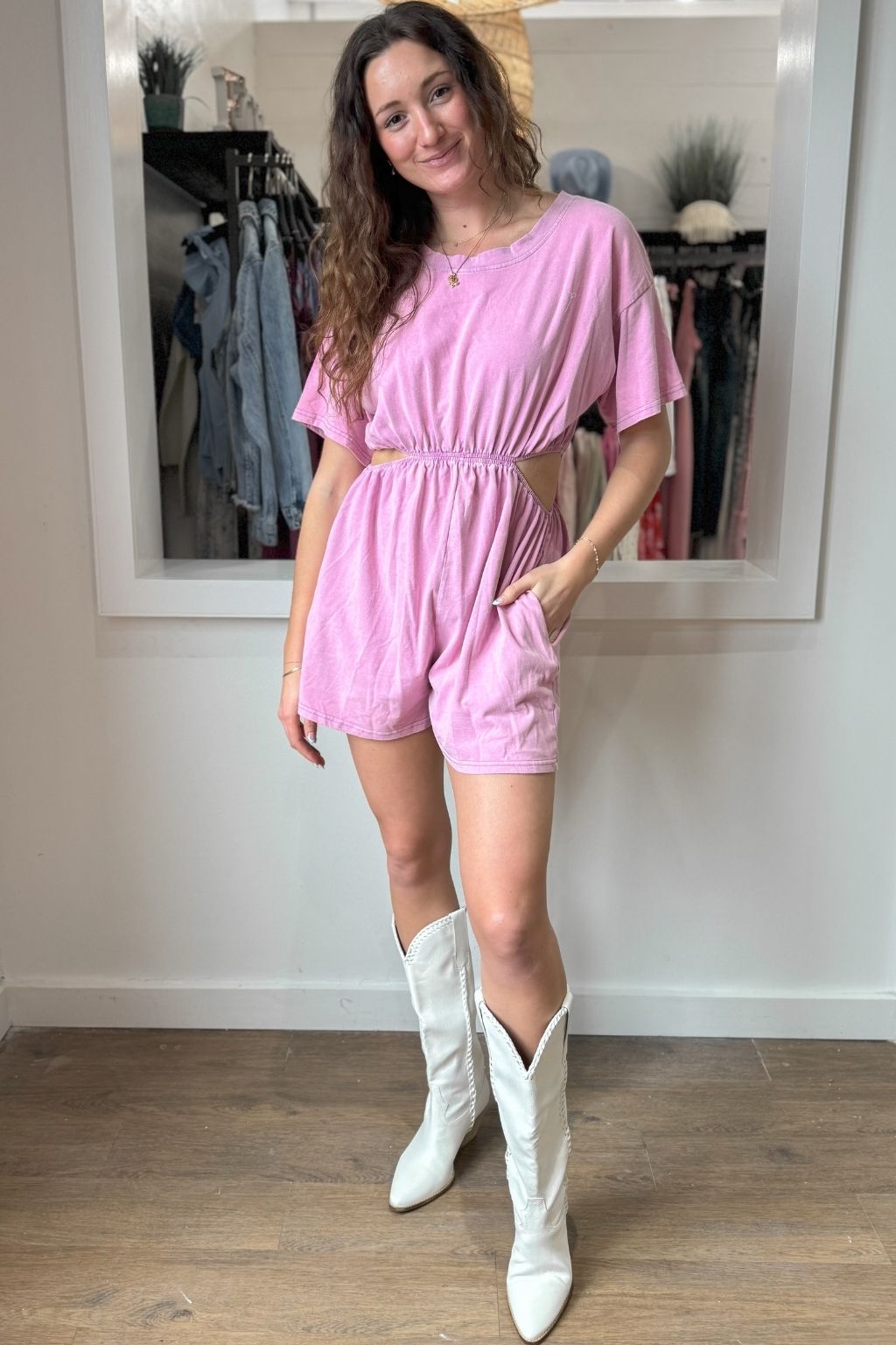 Washed Cut-Out Romper Pink