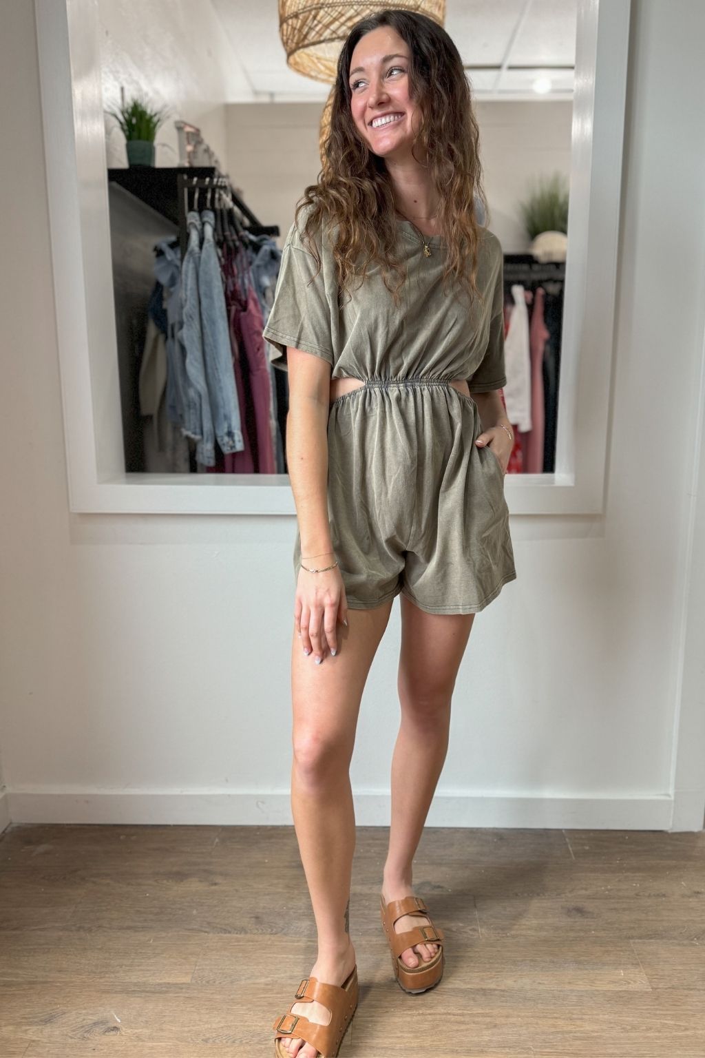 Washed Cut-Out Romper Charcoal