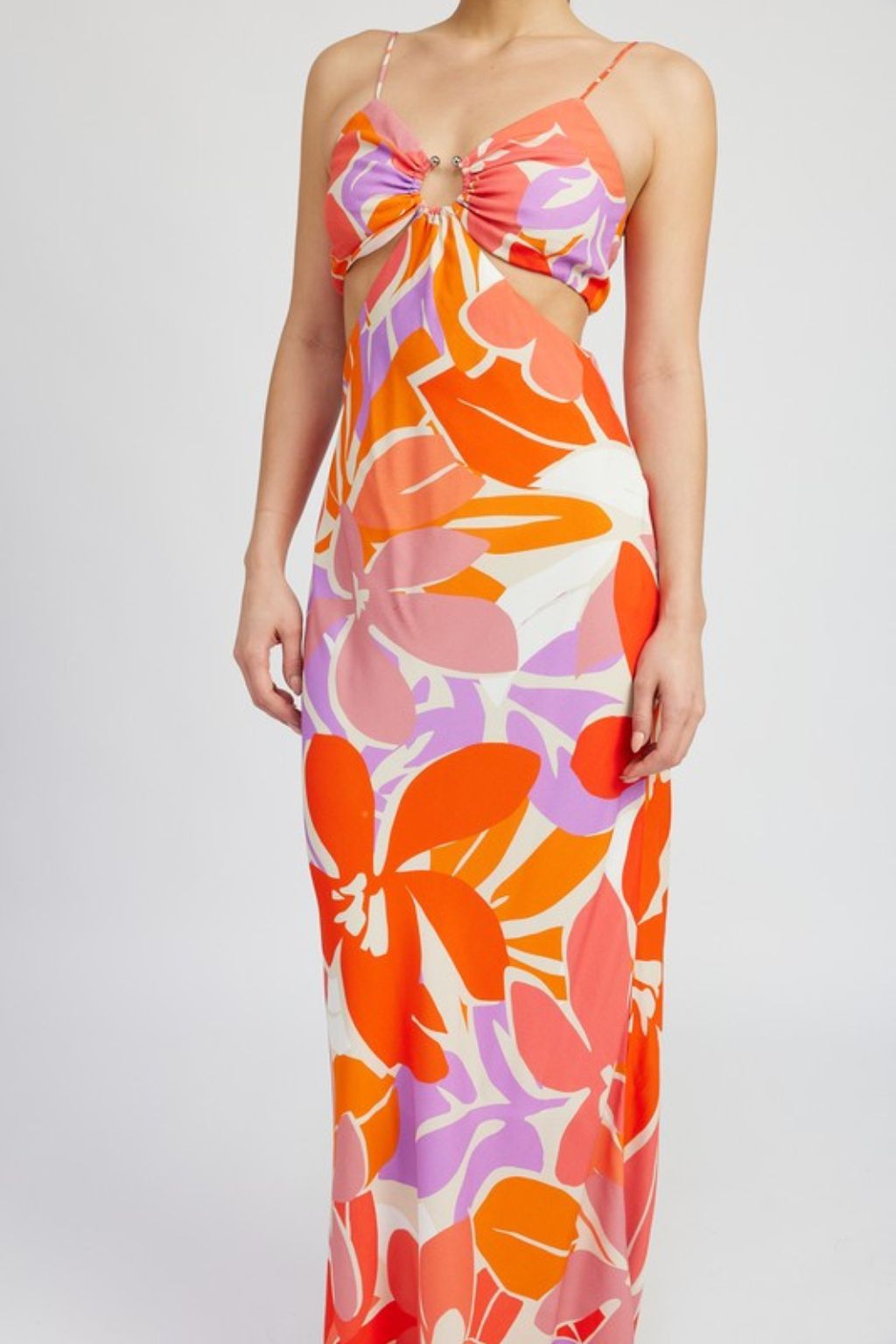 Floral O-Ring Detail Cut Out Maxi Dress