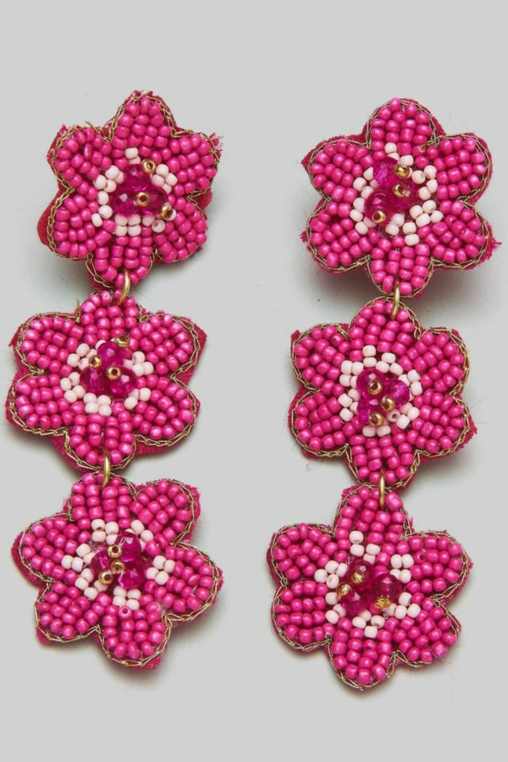 Beaded 3 Flower Dangle Tiered Earrings Hot Pink
