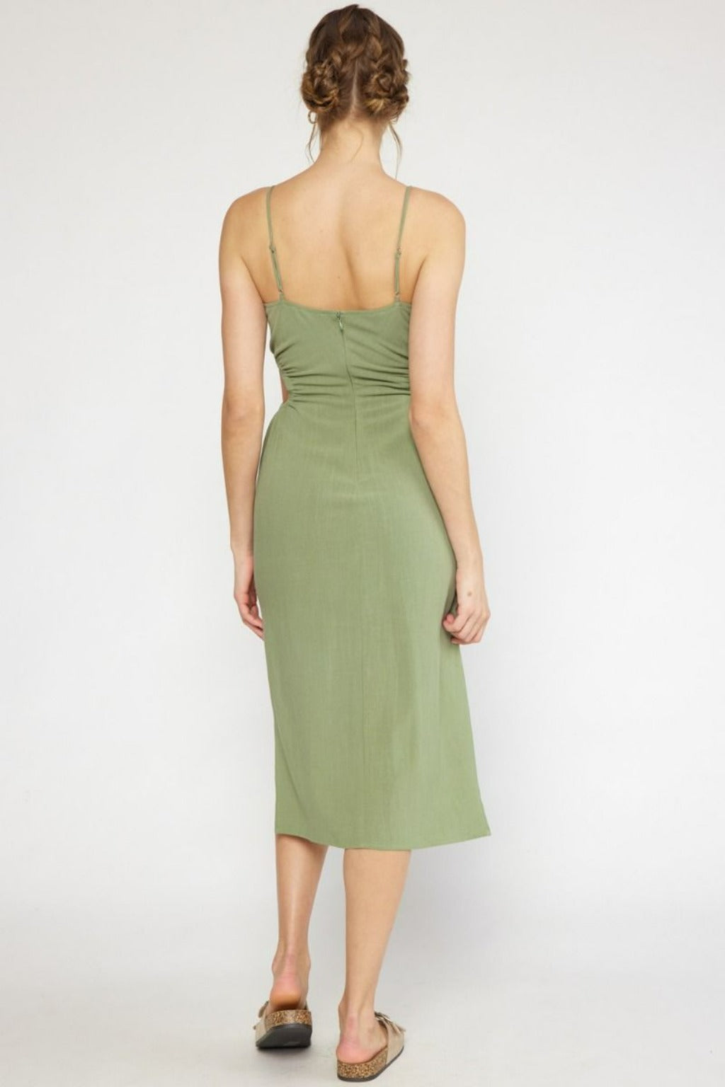Stone Strap Linen with Side Cut-Outs Midi Dress in Olive