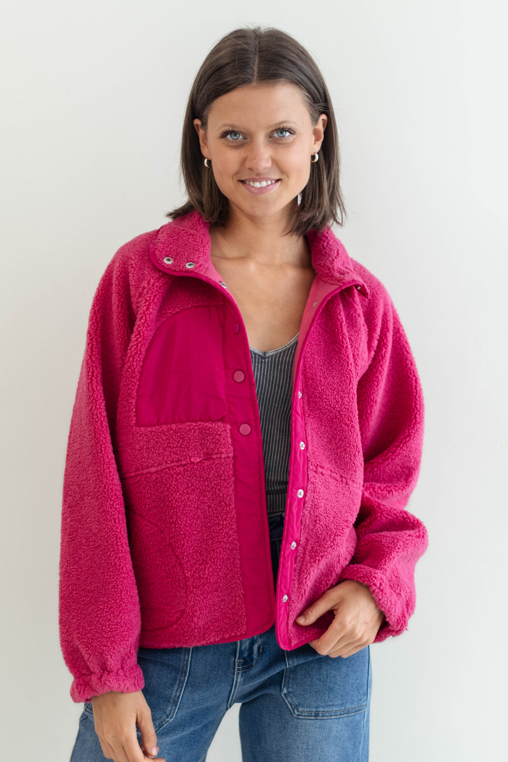 Fleece Snap Button Jacket Fuchsia