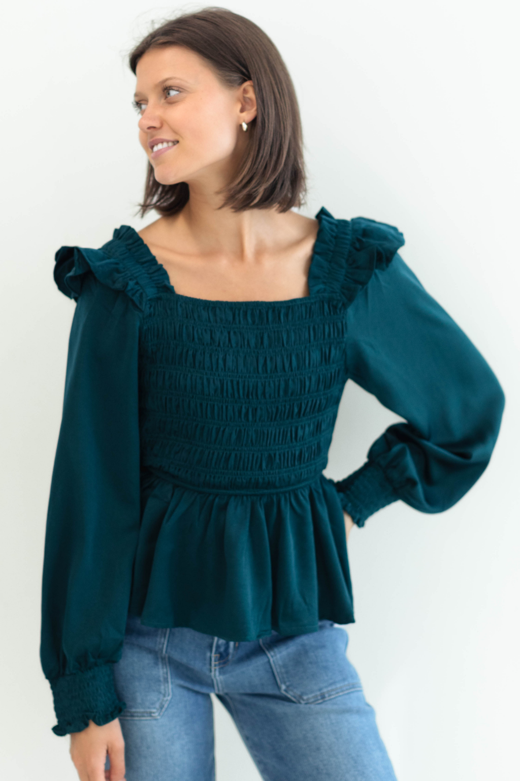Square Neck Smocked Blouse Teal