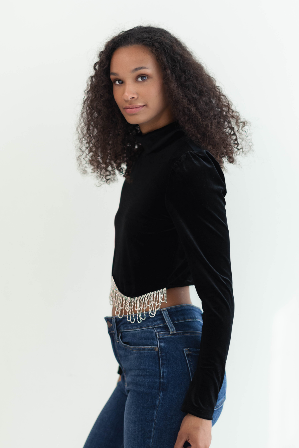 Velvet Fringe Puff Shoulder Top