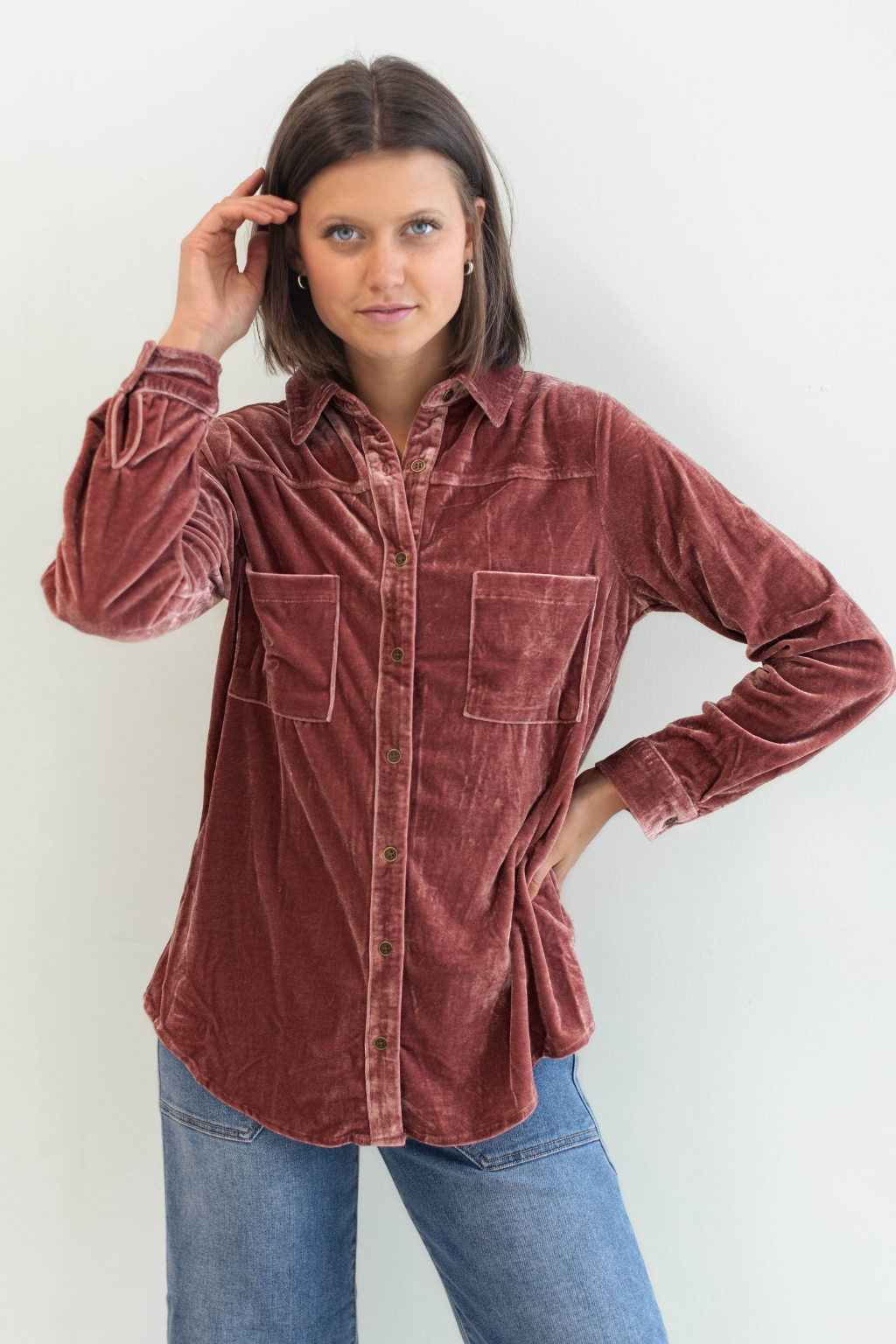 Velvet Button Up Top Rose