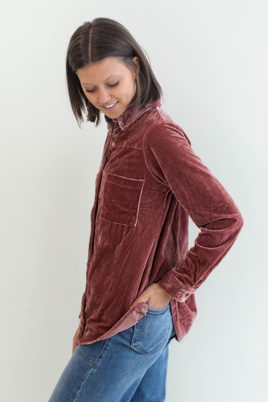 Velvet Button Up Top Rose