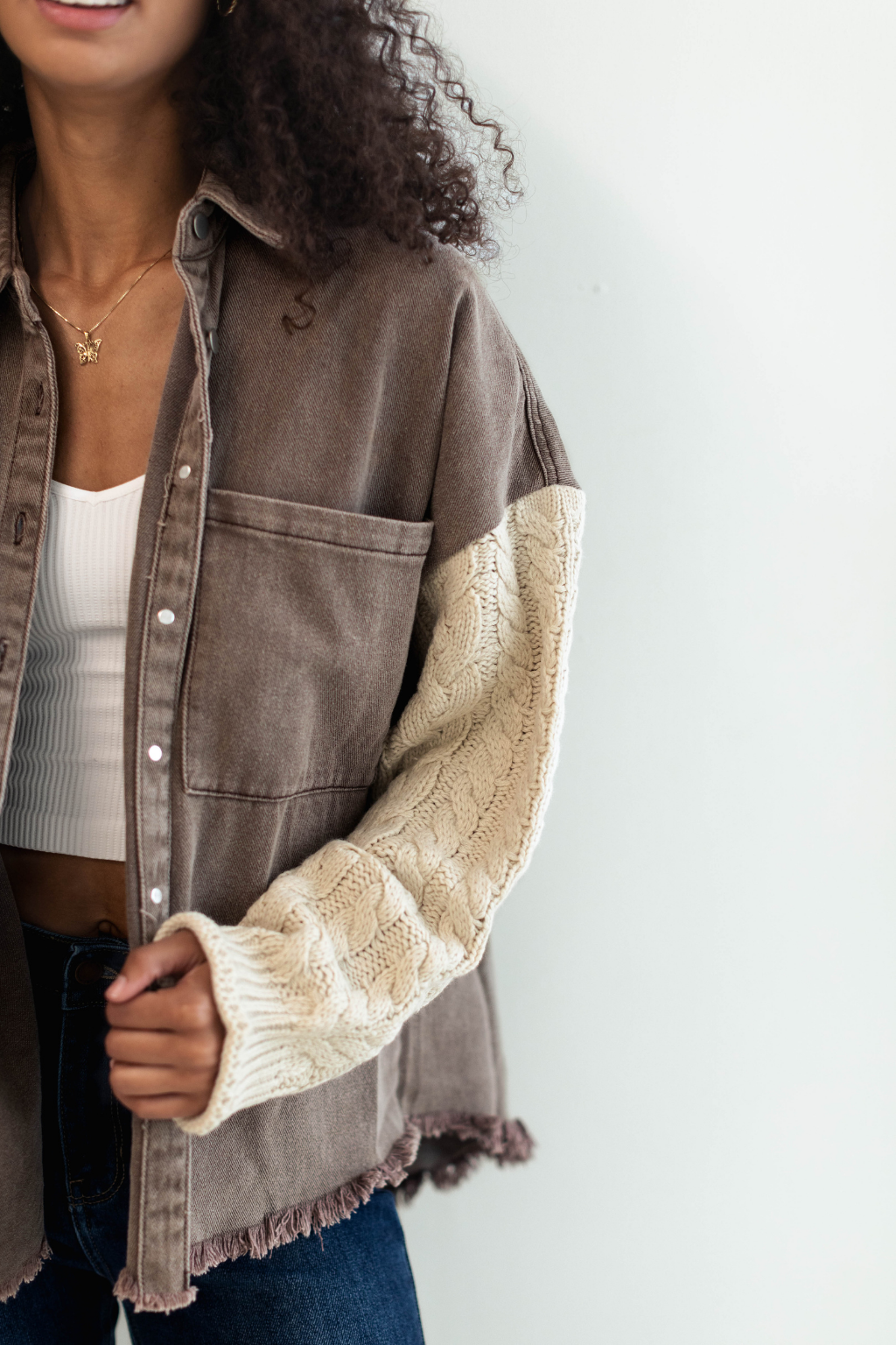 Contrast Knit Sweater Sleeve Shacket Chocolate