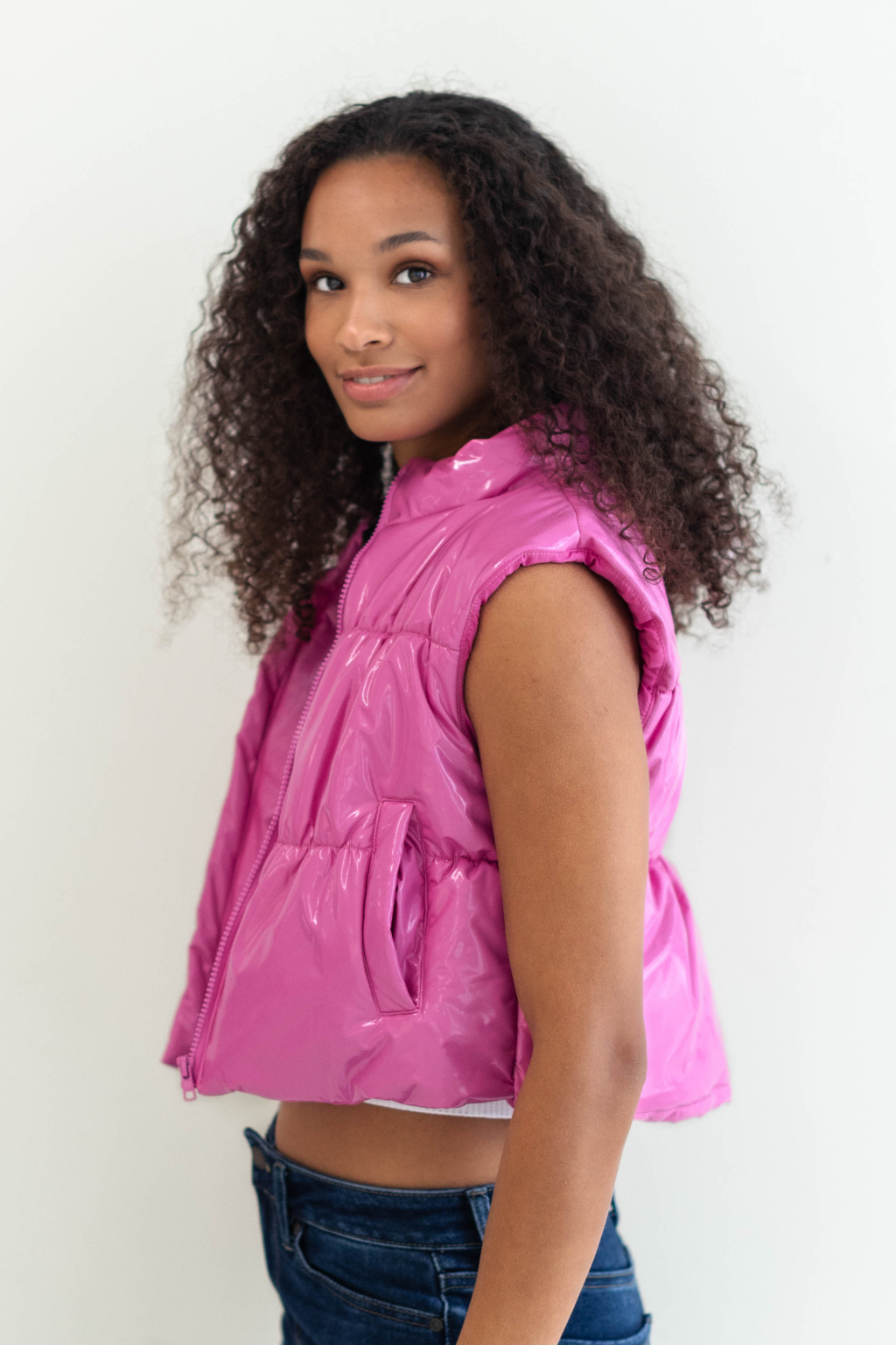 Shiny Crop Puffer Vest Pink