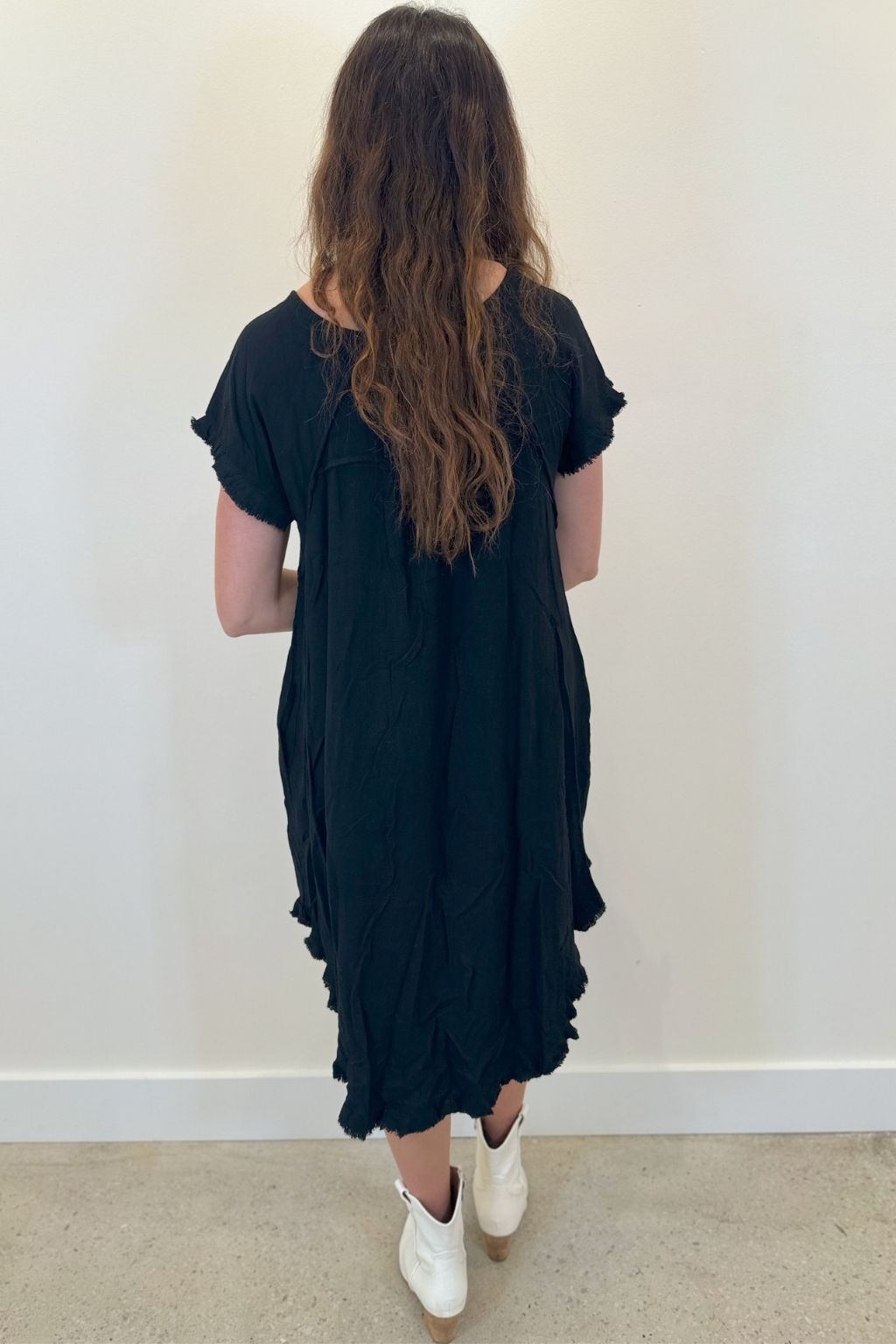 Fringe Trim Linen Dress Black
