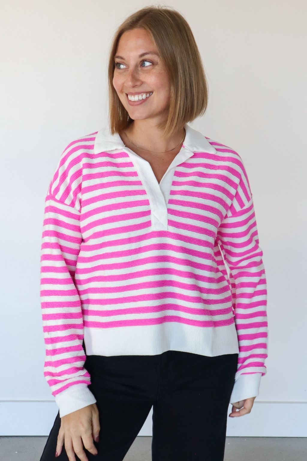 Collared Stripe Rib Sweater Pink