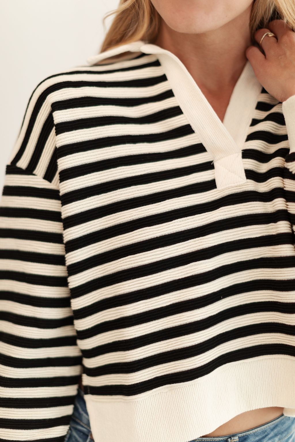 Striped Collared Ribbed Sweater Black