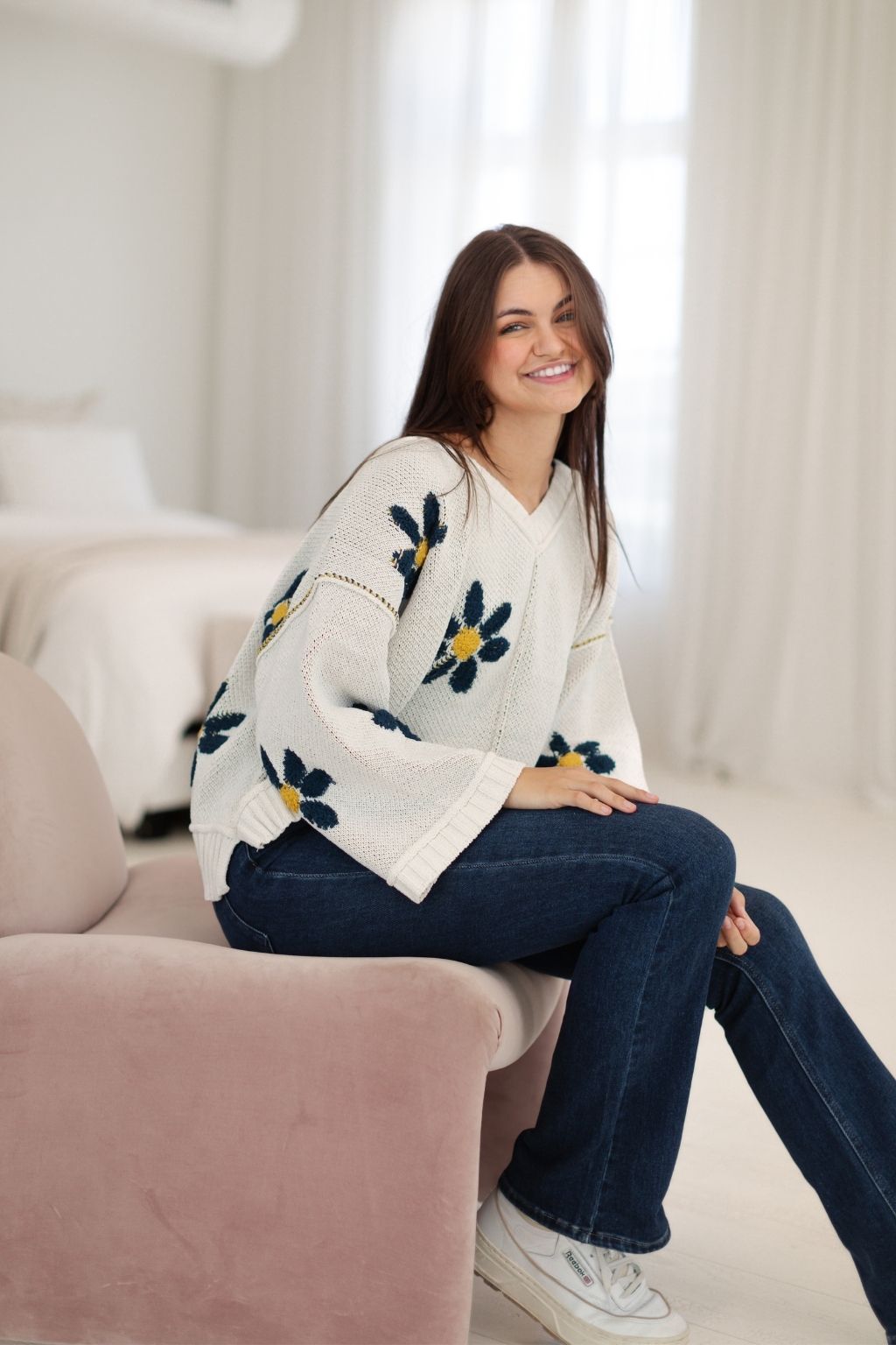 V-Neck Flower Chenille Sweater