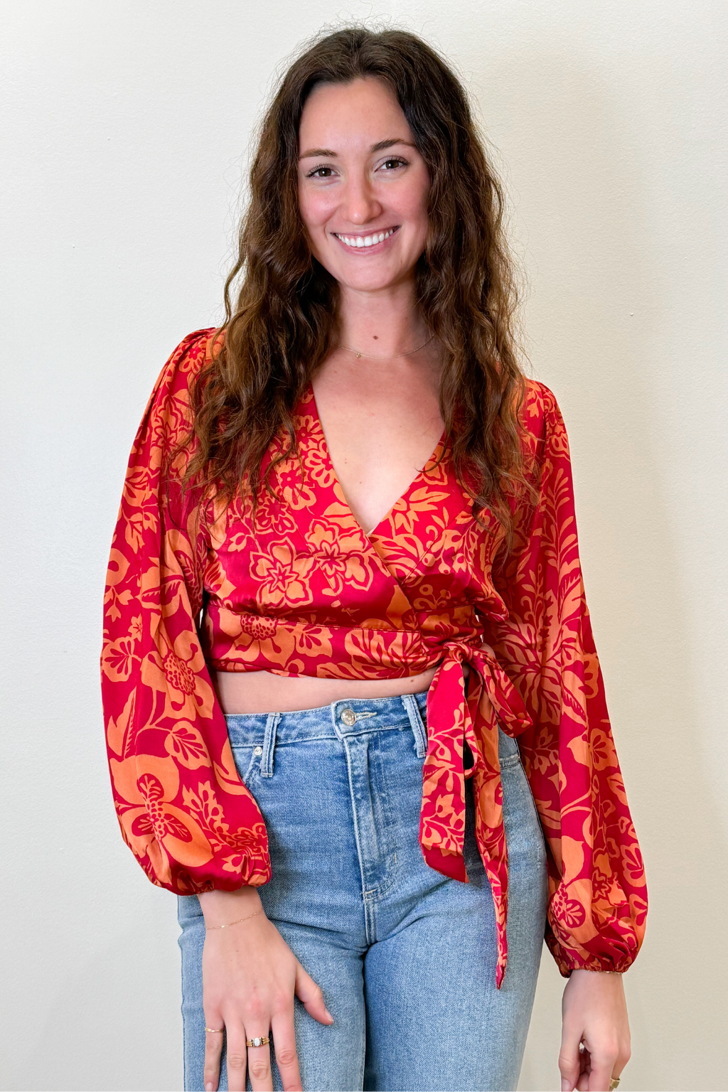 Floral Print Wrap Top Red