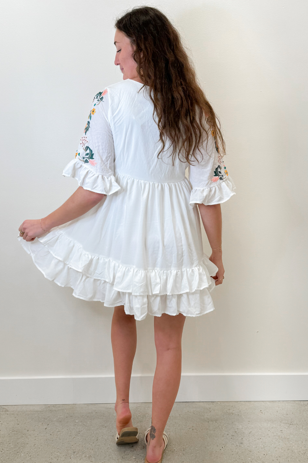 Floral Embroidered Sleeve Babydoll Dress White