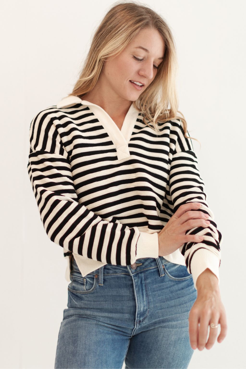 Striped Collared Ribbed Sweater Black