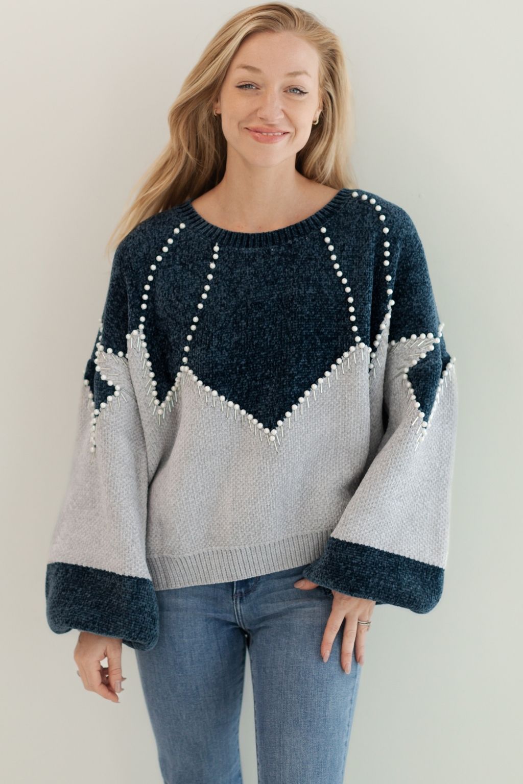 Colorblock Pearl Detail Chenille Sweater Navy