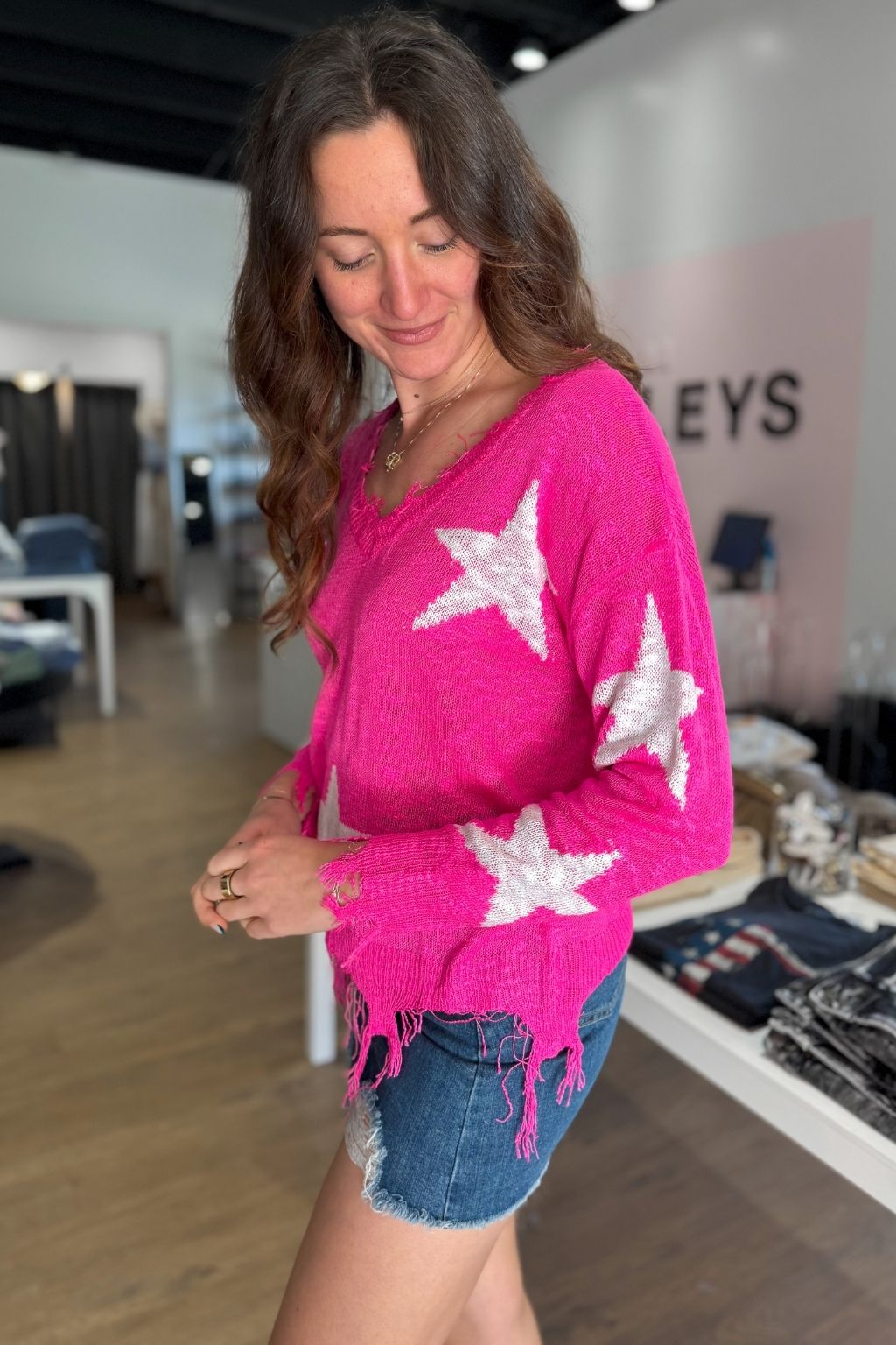 Frayed V-Neck Star Sweater Hot Pink