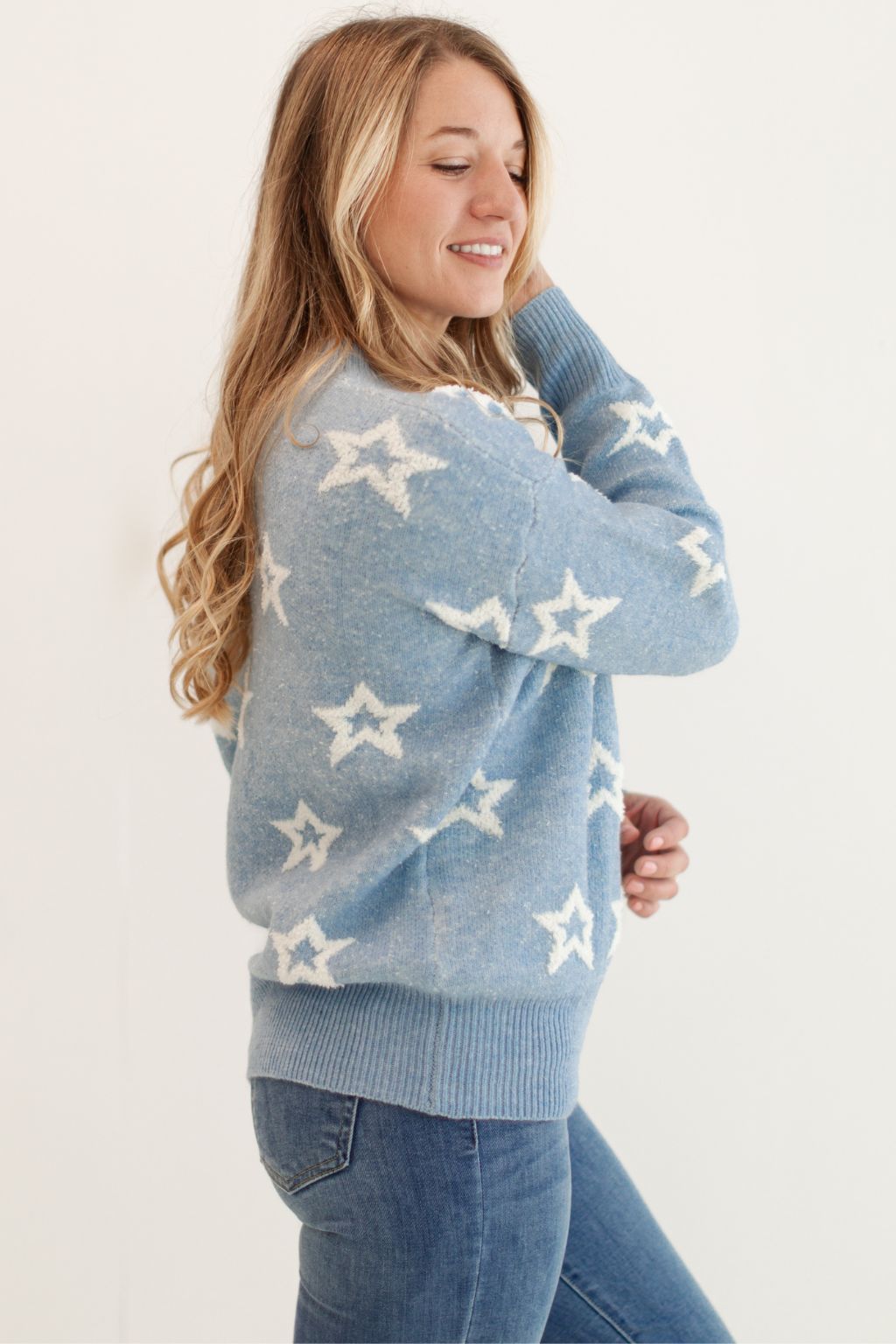 Fuzzy Star Pattern Crewneck Sweater Blue and White