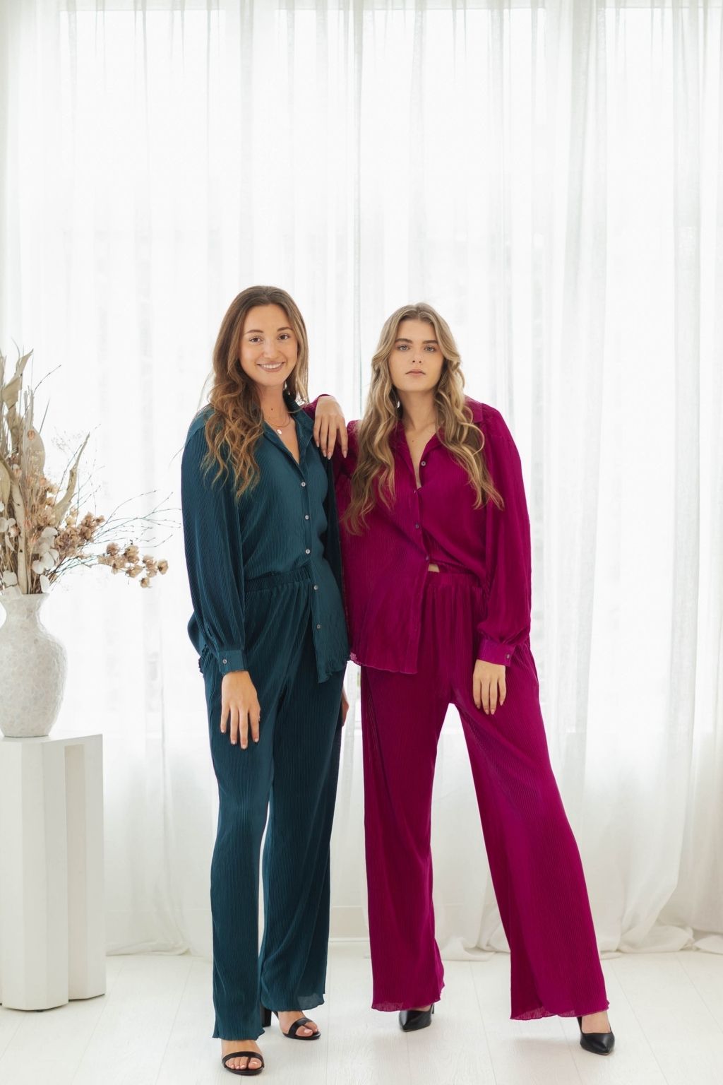 Elastic Waist Plisse Pants Magenta