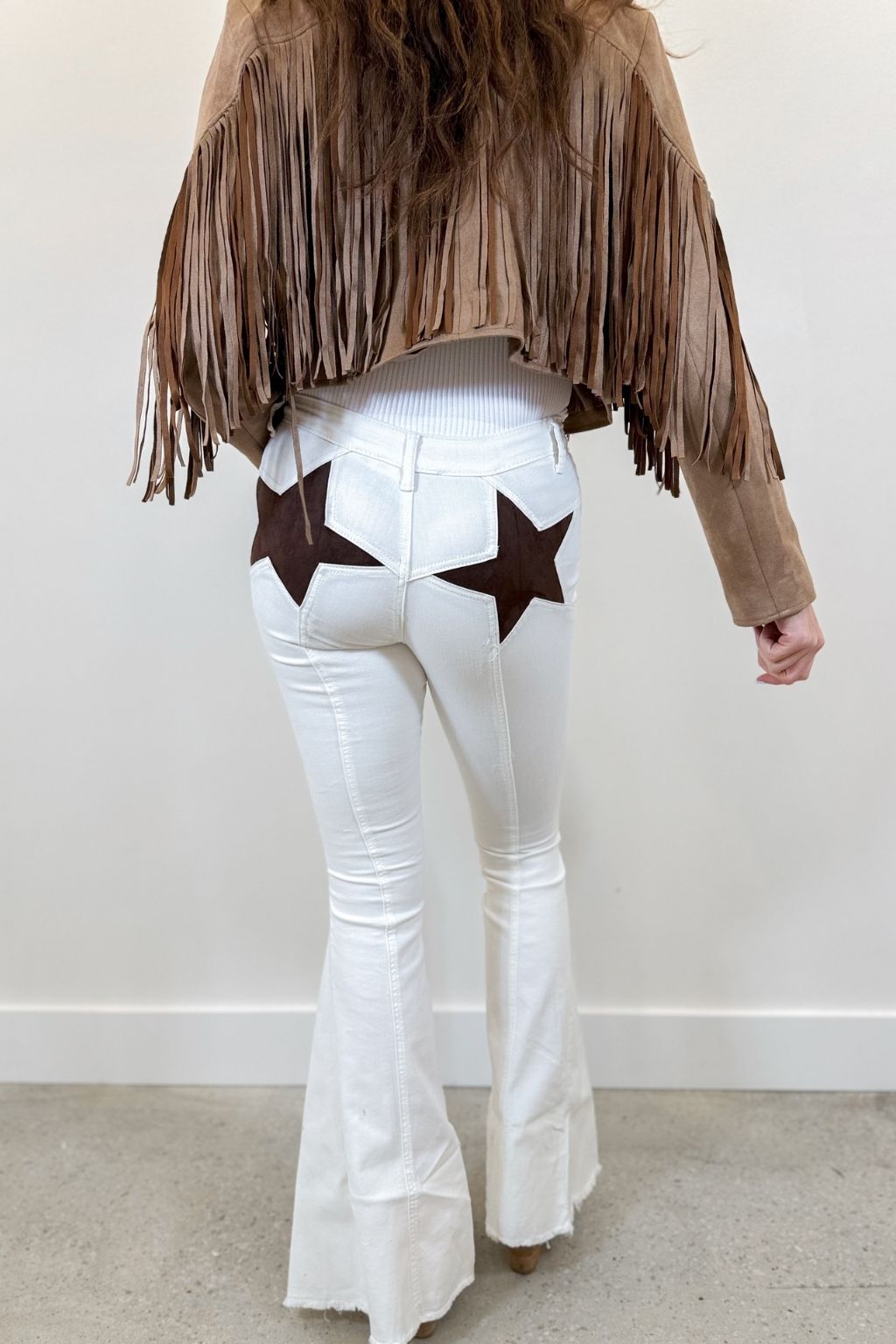 Star Detail Flare Denim Pants White