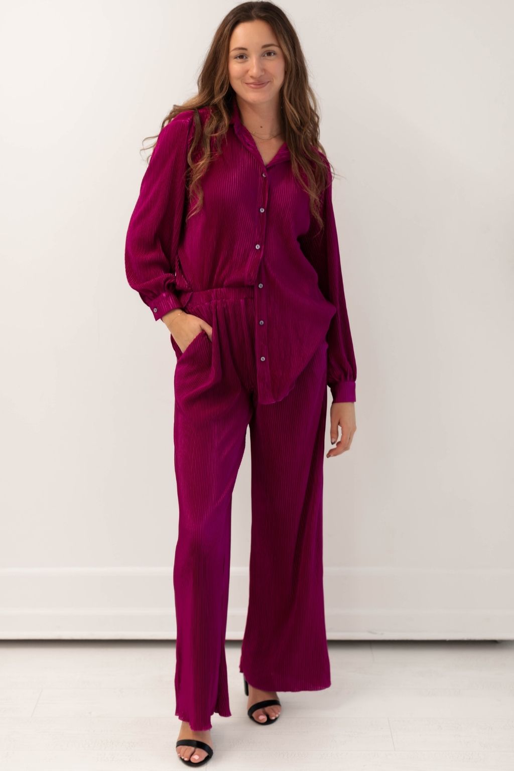 Elastic Waist Plisse Pants Magenta