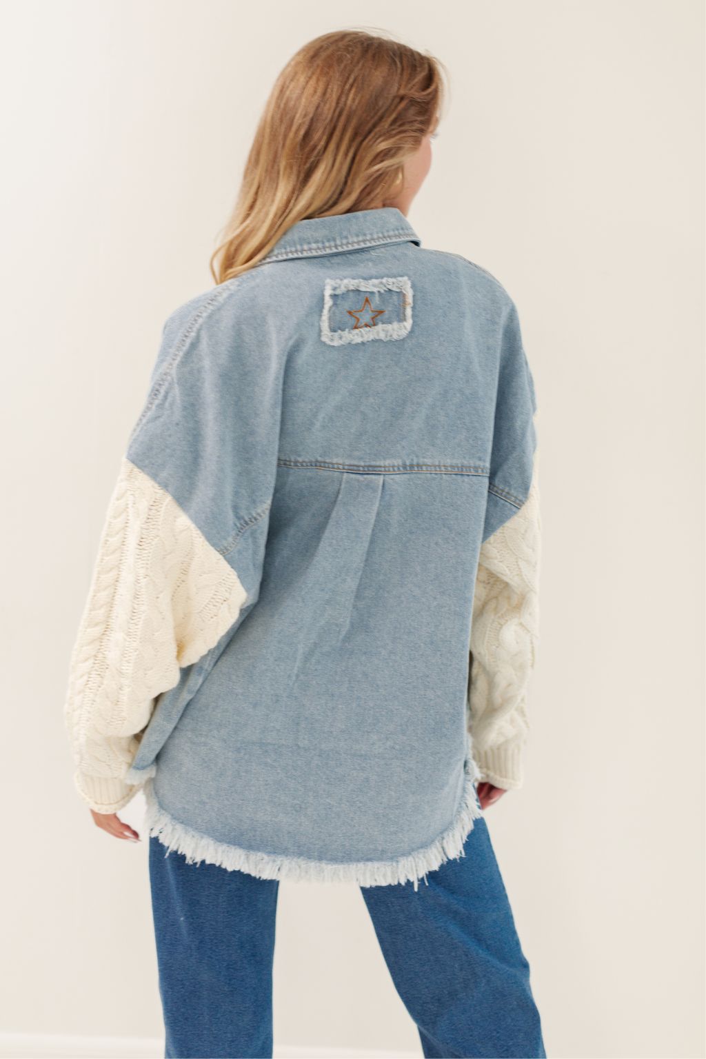 Contrast Cable Knit Sweater Sleeve Denim Shacket