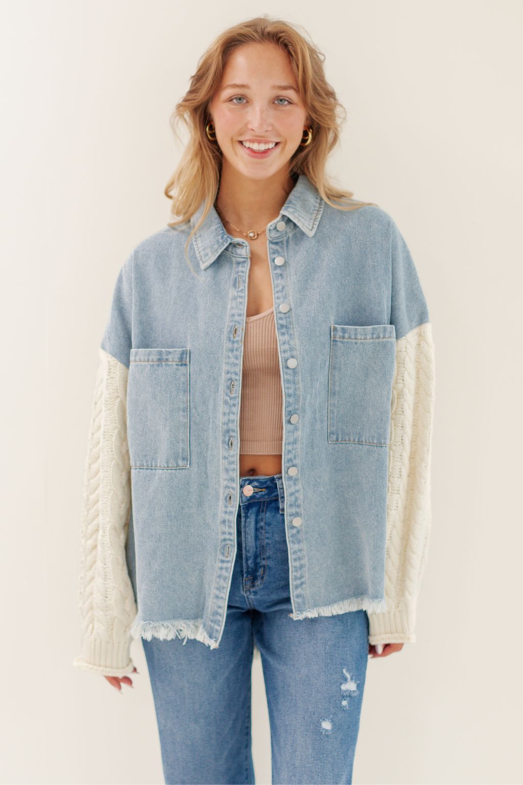 Denim Shacket with Contrast Cable Knit Sweater Sleeves