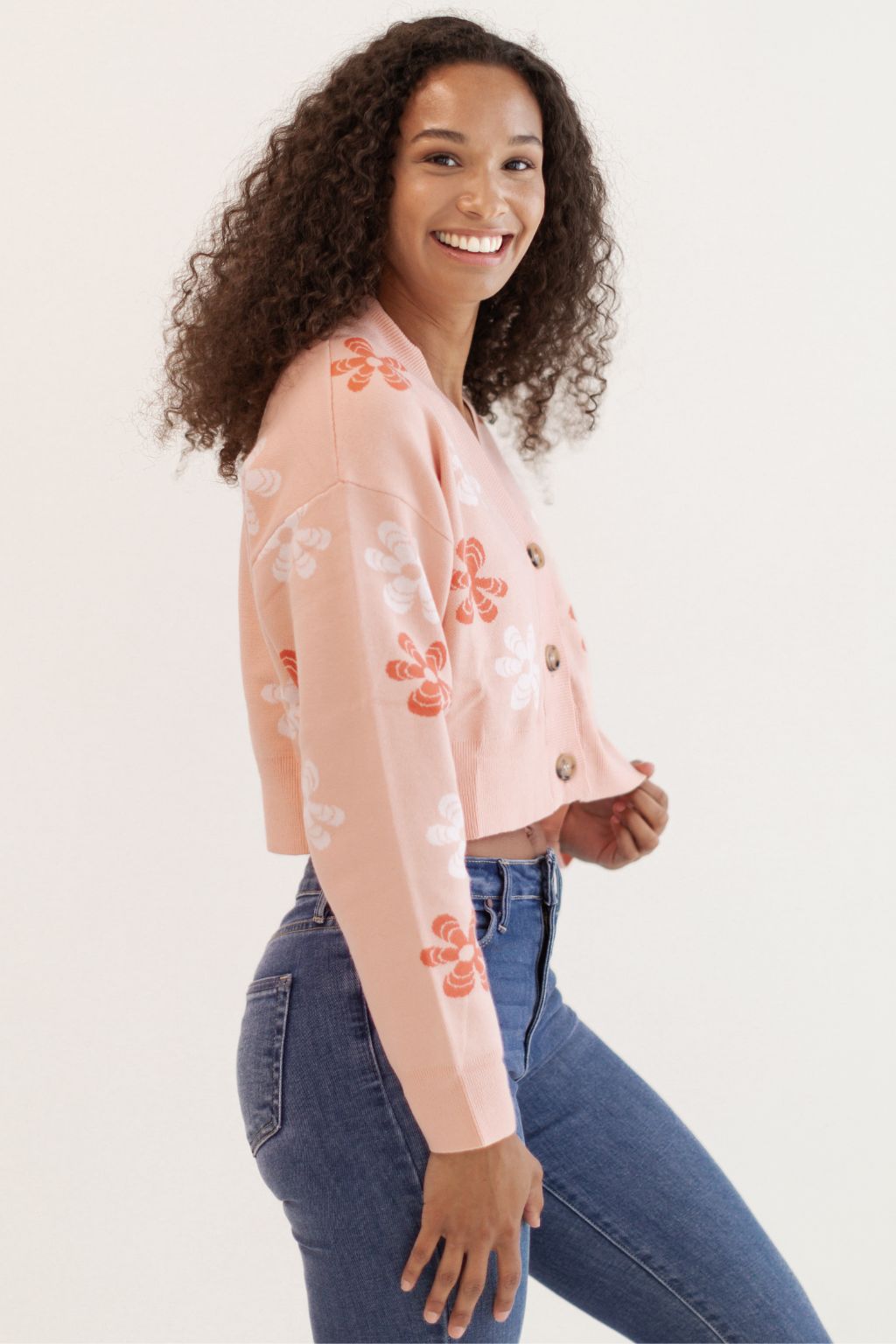 Floral Print Button Front Cropped Cardigan