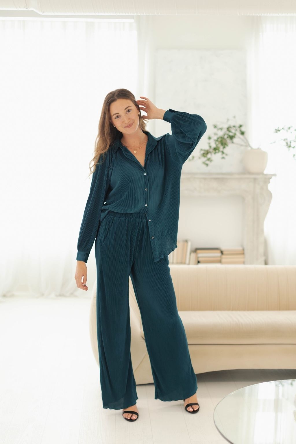 Elastic Waist Plisse Pants Teal