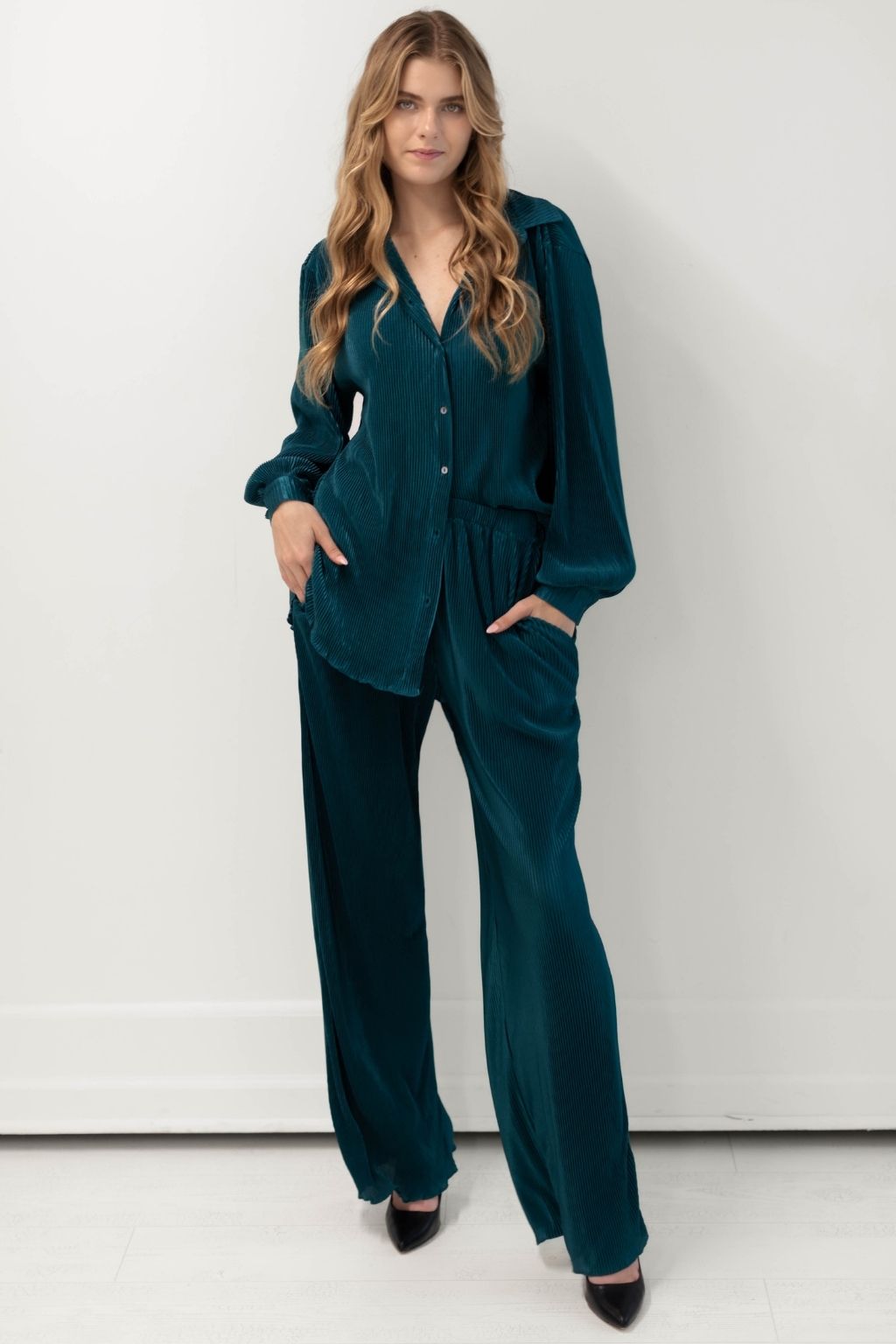 Long Sleeve Plisse Button Down Top Teal