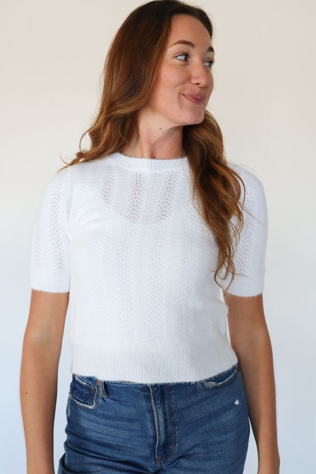 Short Sleeve Open Knit Top White