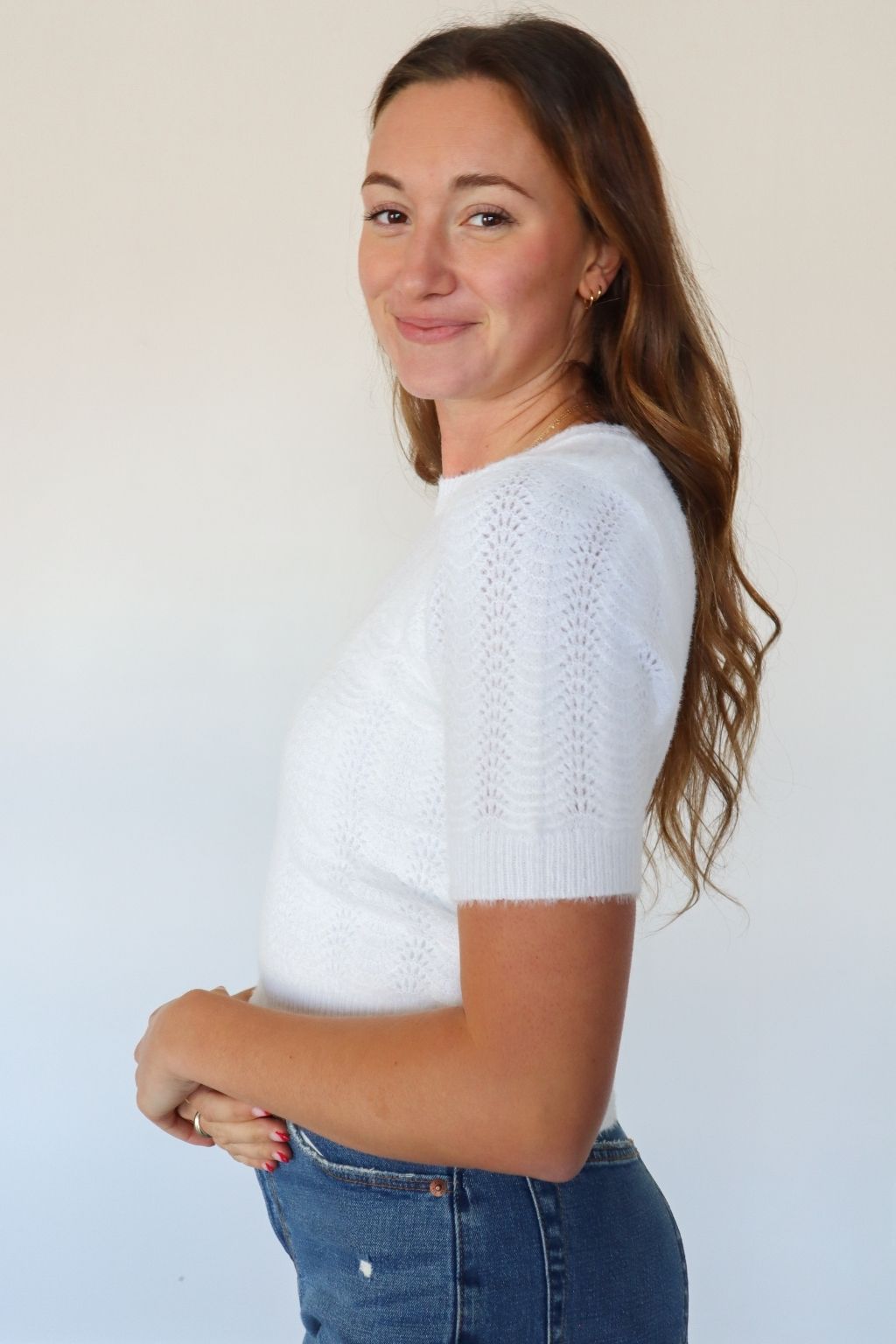 Short Sleeve Open Knit Top White