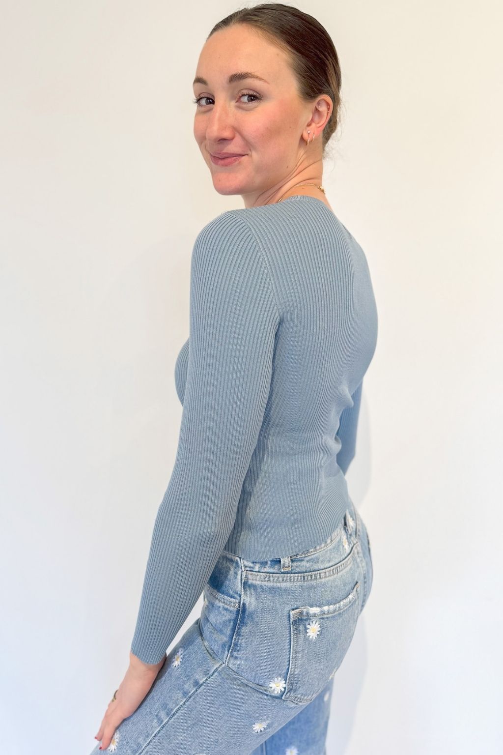 Ribbed Fitted Long Sleeve Top Blue