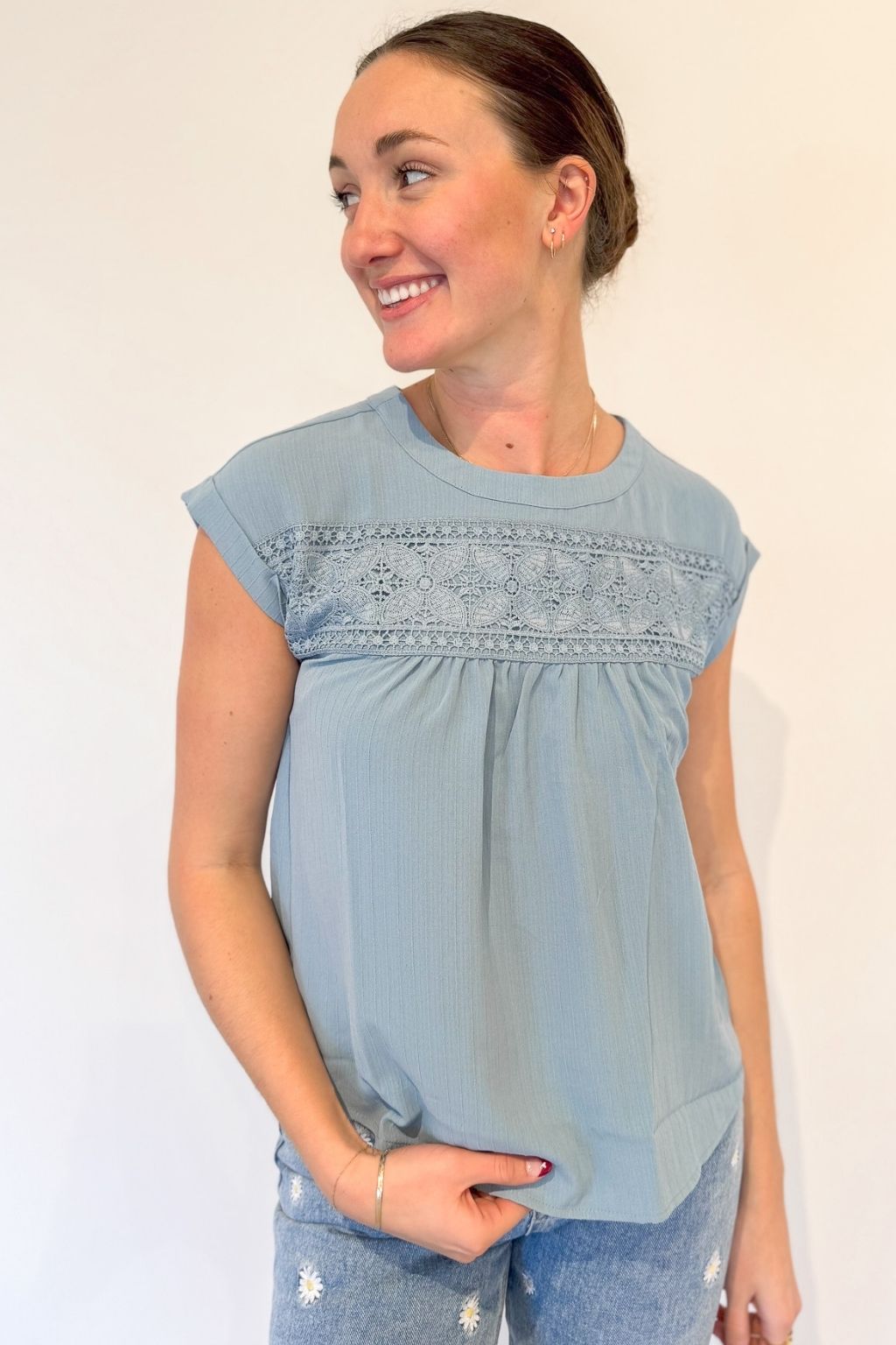 Eyelet Detail Top with Back Buttons Blue