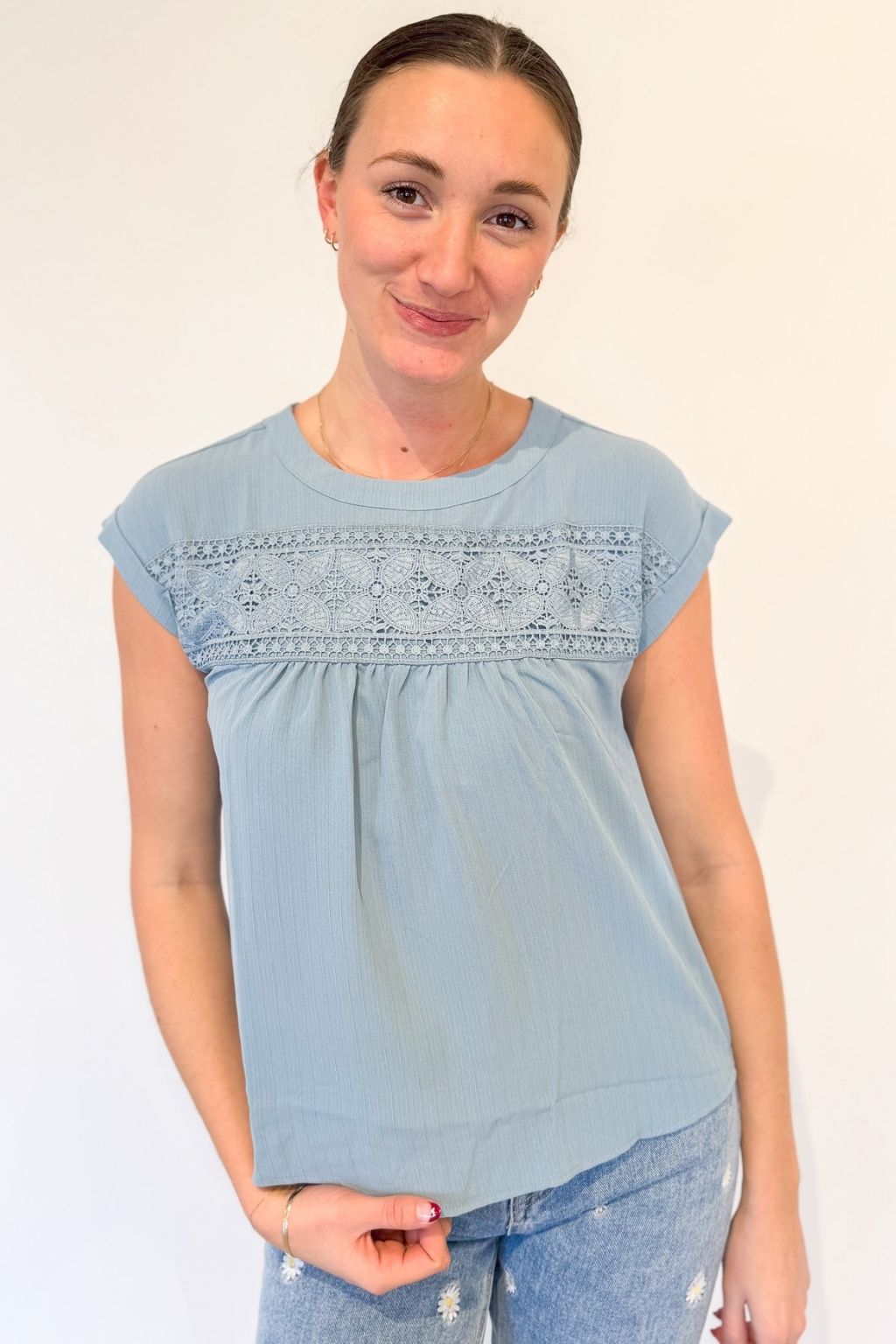 Eyelet Detail Top with Back Buttons Blue