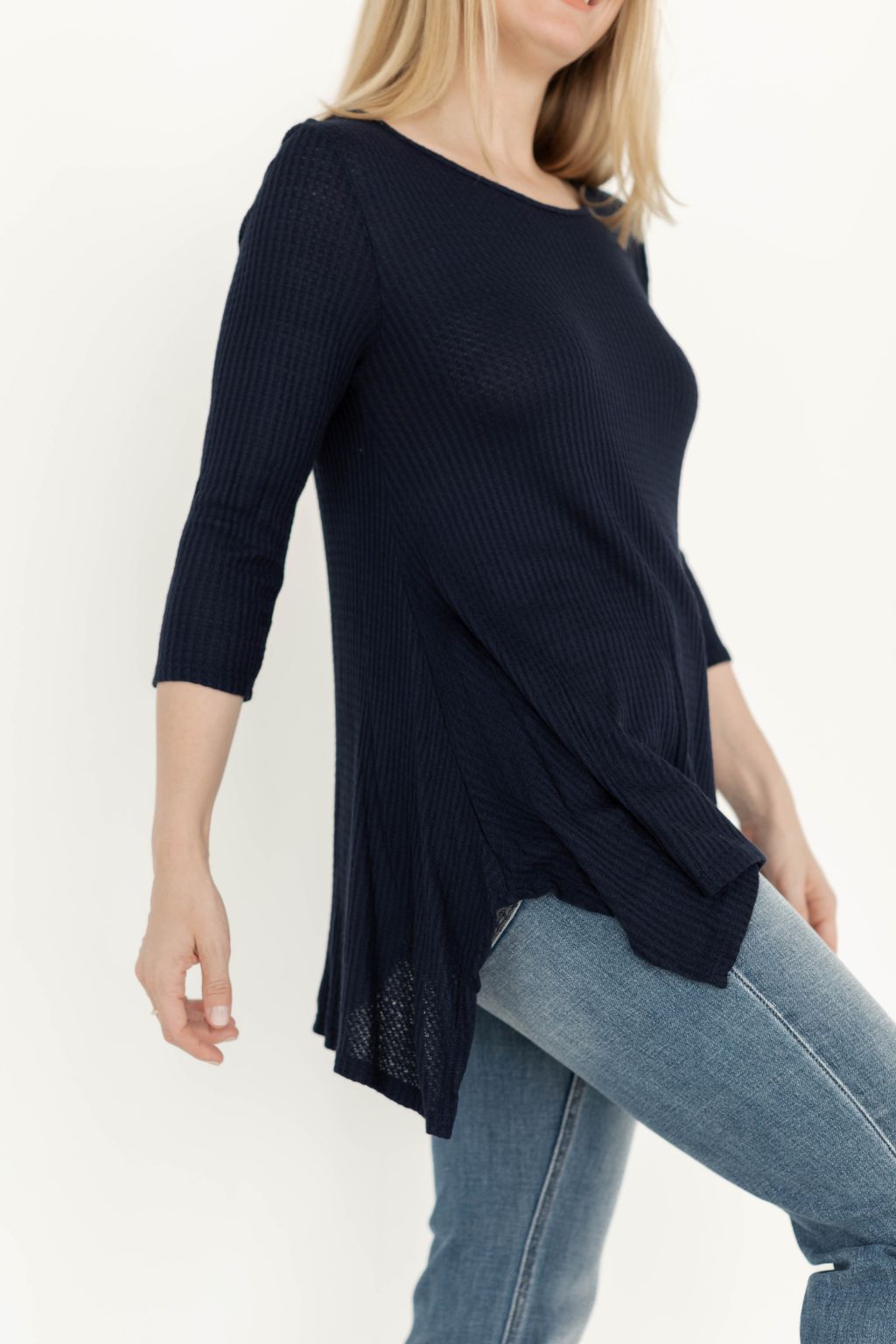 Long Sleeve Crew Neck Waffle Knit Top Navy