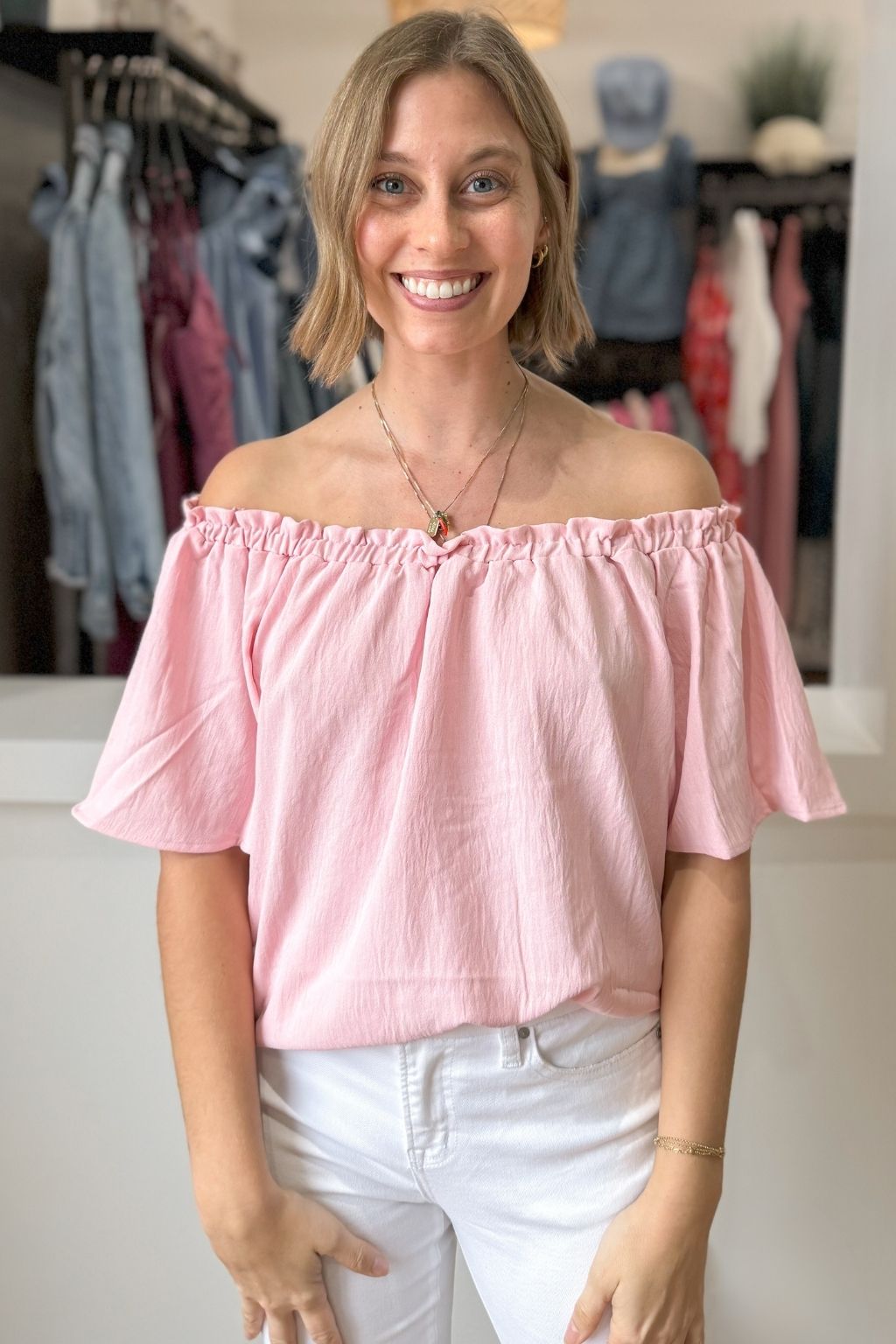 Off the Shoulder Woven Top Pink
