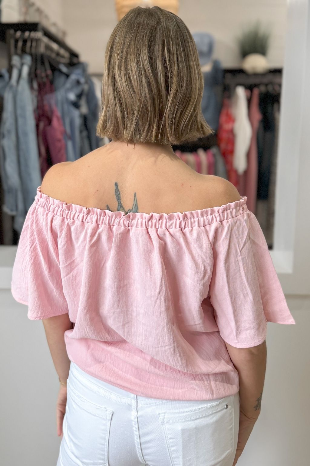 Off the Shoulder Woven Top Pink