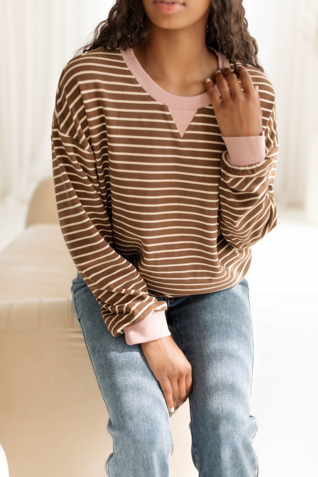 Striped Contrast Top Brown and Mauve