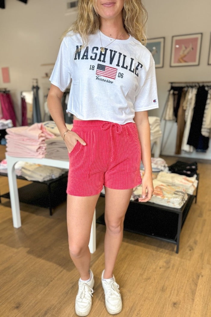 cozy ribbed lounge shorts with front pockets and elastic waist with tie detail in a bright cherry red