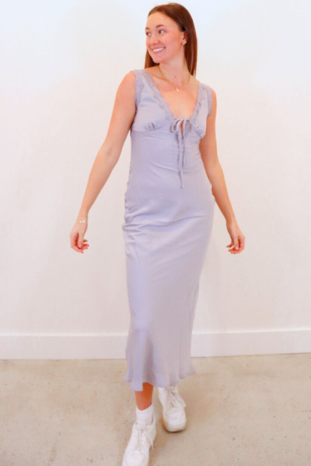 Sleeveless Lace Trim Maxi Dress Gray Blue