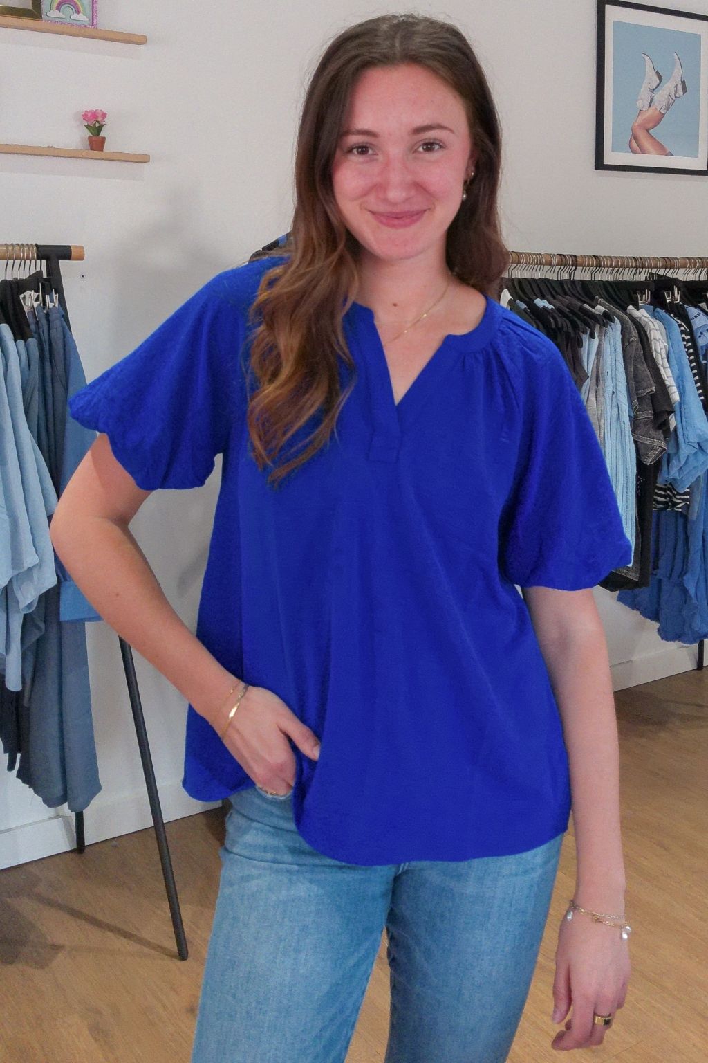 Puff Sleeve V-Neck Top Blue