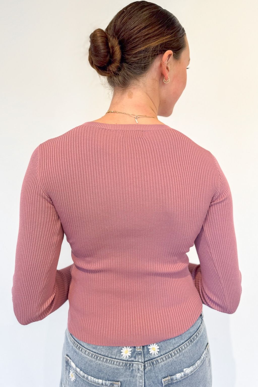 Ribbed Fitted Long Sleeve Top Pink