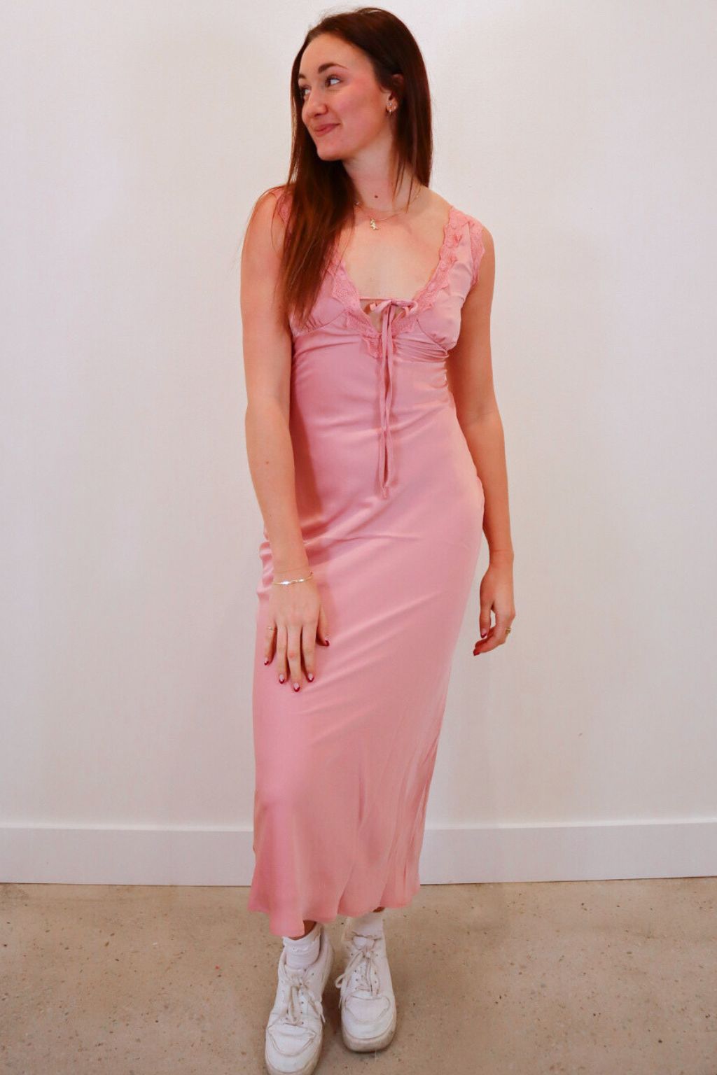 Sleeveless Lace Trim Maxi Dress Pink