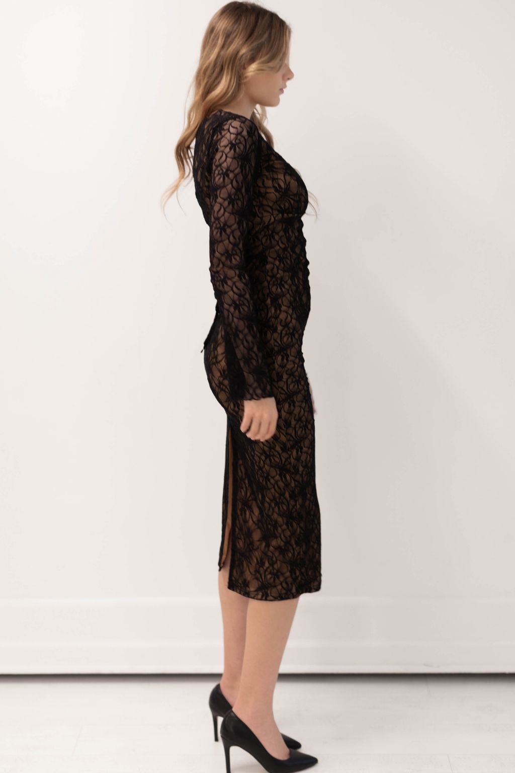 Floral Lace Long Sleeve Midi Dress
