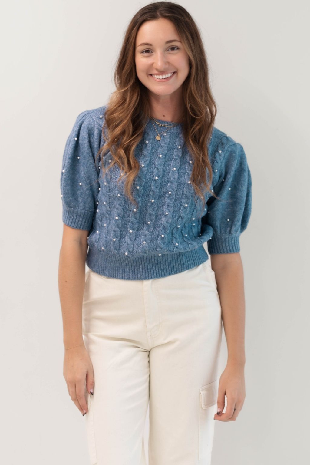 Cable Knit Sweater with Pearls Blue