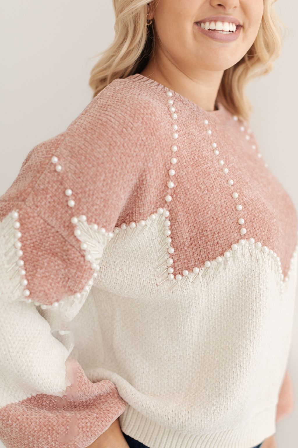 Colorblock Pearl Detail Chenille Sweater Pink