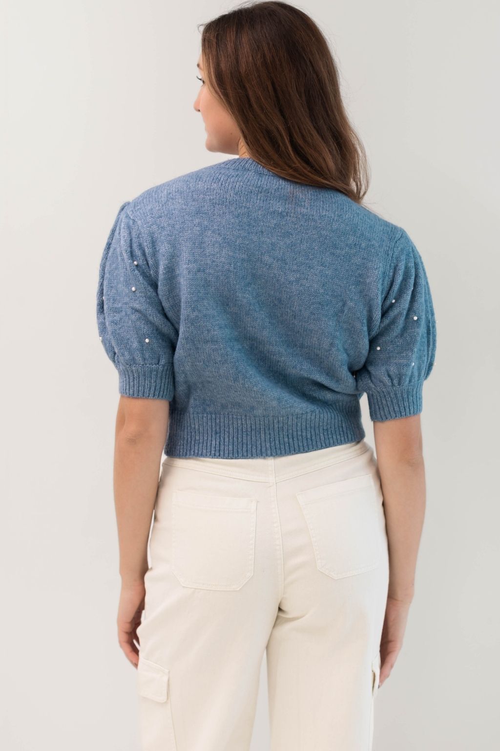 Cable Knit Sweater with Pearls Blue