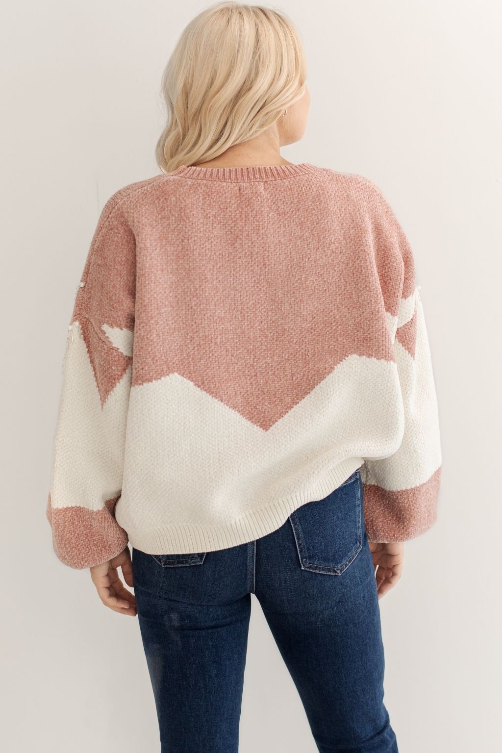 Colorblock Pearl Detail Chenille Sweater Pink
